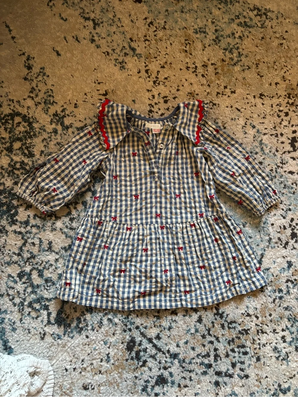 Zara Blue Gingham Dress with Red Bow Embroider